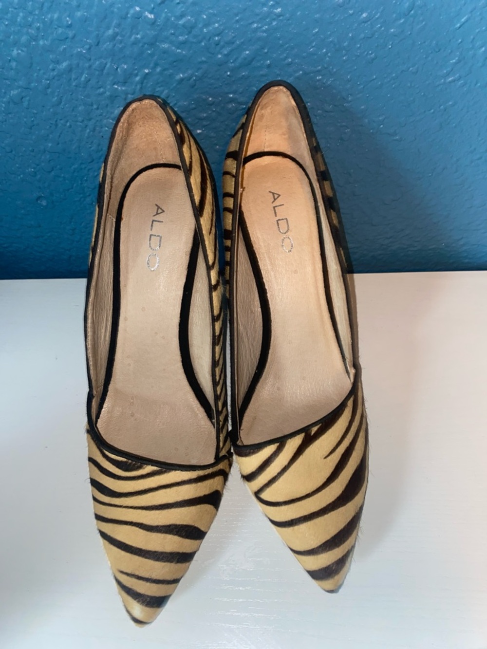 ALDO Tan and Black Zebra-Stripe Pointed Toe Heels